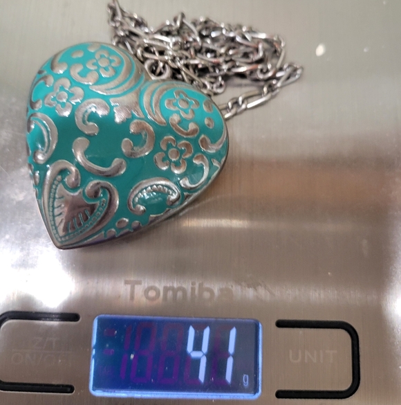 TRUE VINTAGE LARGE PUFFY TURQUOISE ENAMEL HEART NECKLACE. GORGEOUS. AJDUSTABLE - Picture 4 of 6